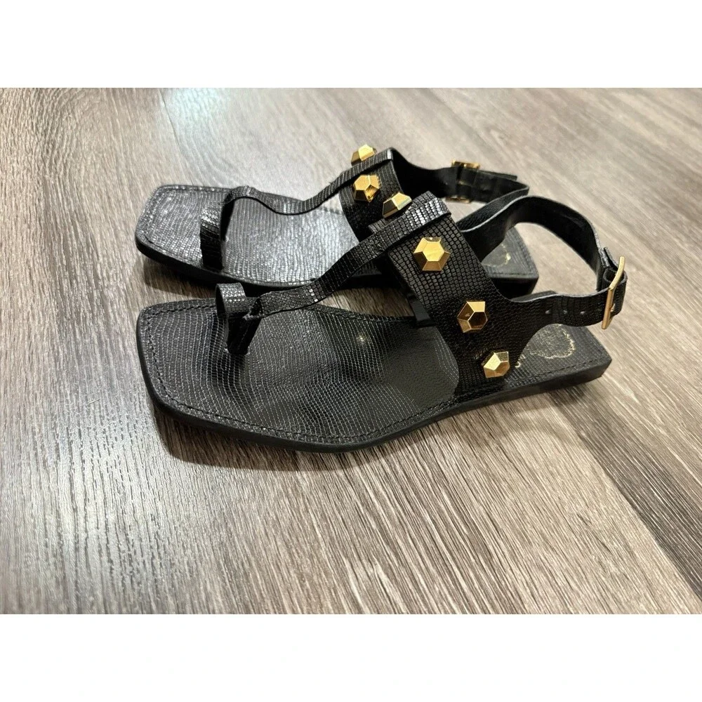 Vince Camuto Women's Black Leather Flat Sandals Size 7.5 M Studded Buckle Design